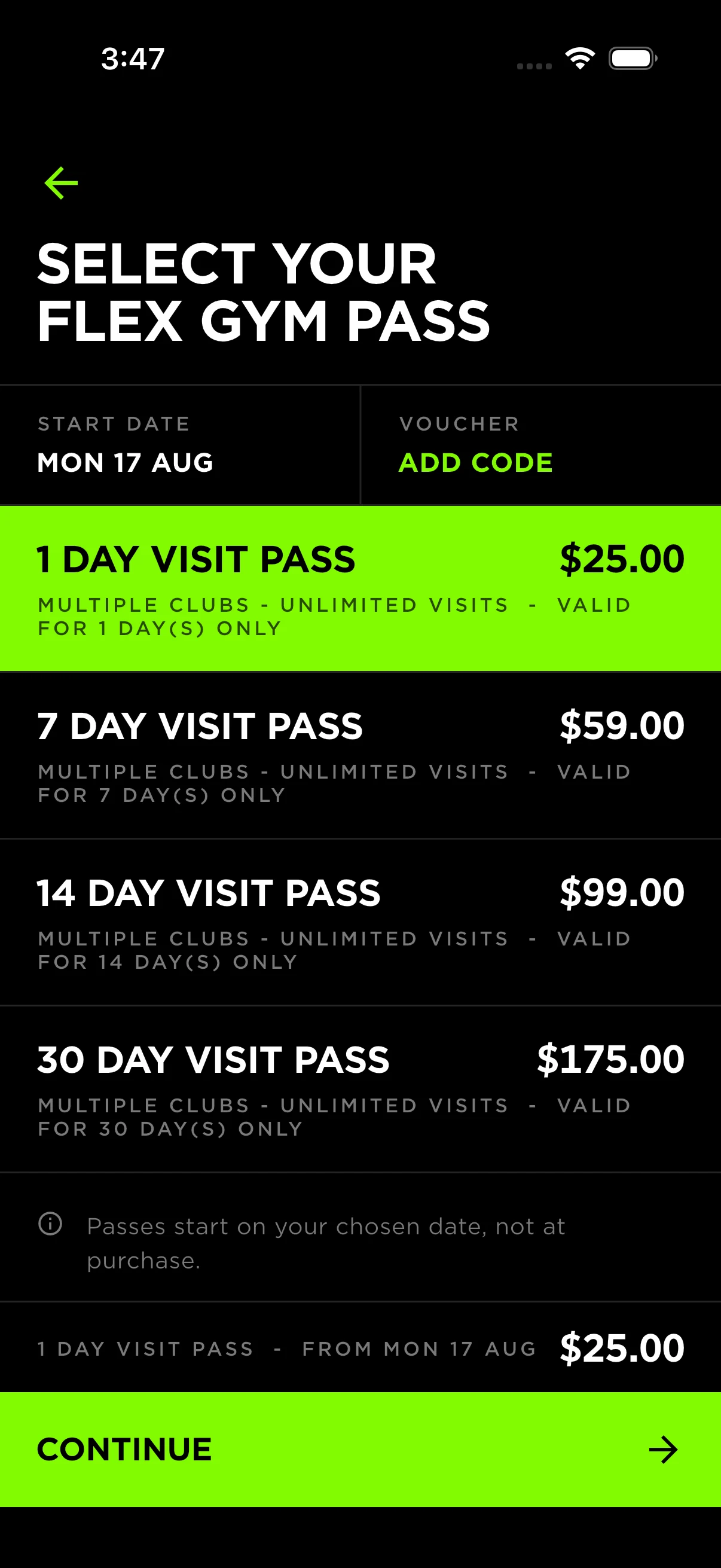 FLEX app pass selection screen