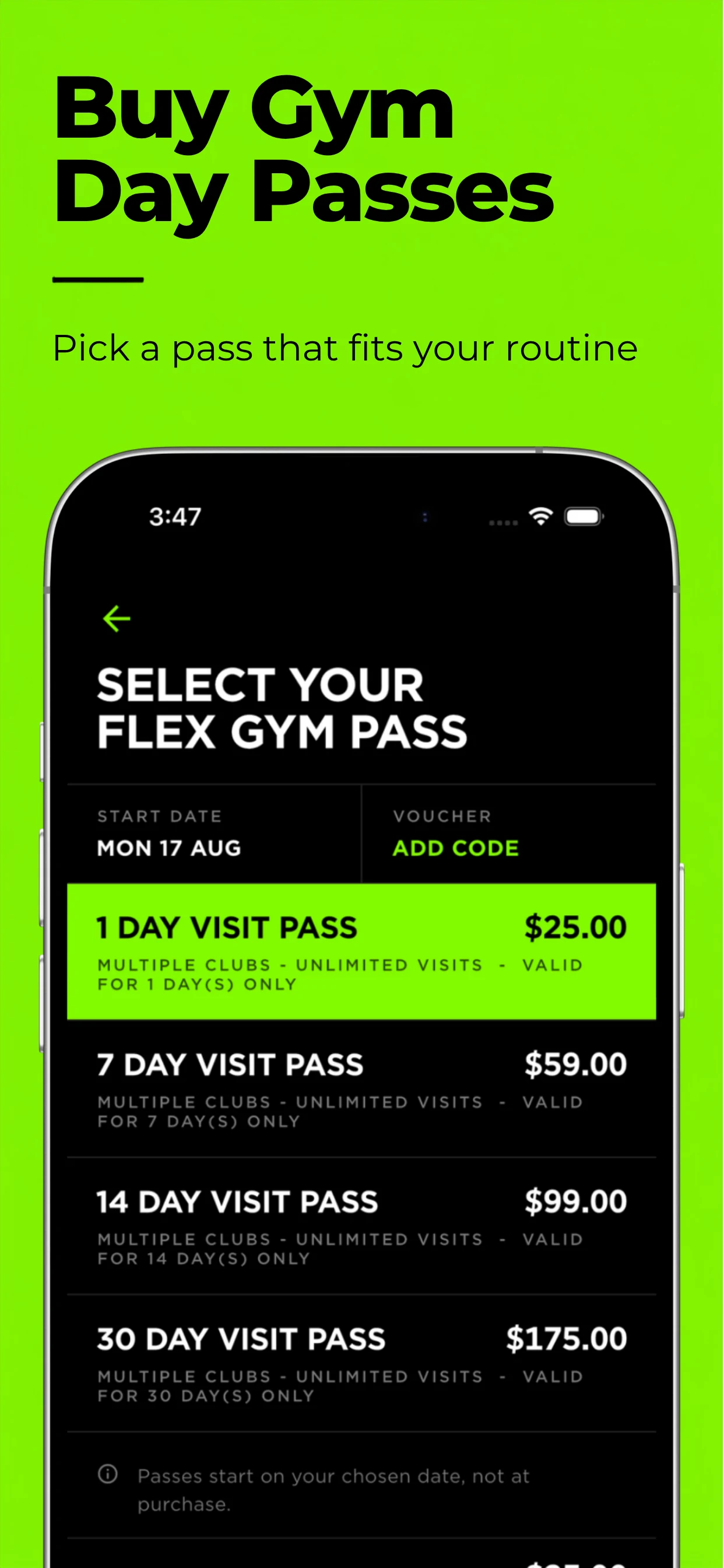 Buy gym day passes in the FLEX app